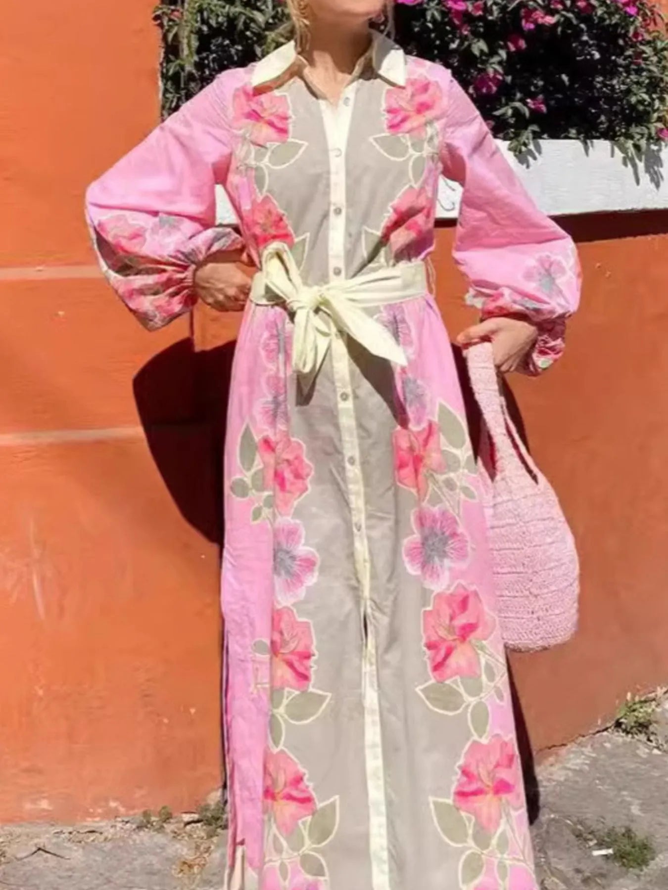 Floral Print Long Sleeve Maxi Shirt Dress