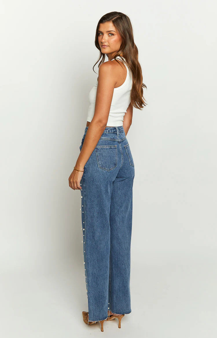 Beaded Oblique Waist Straight-Leg Frayed Jeans™