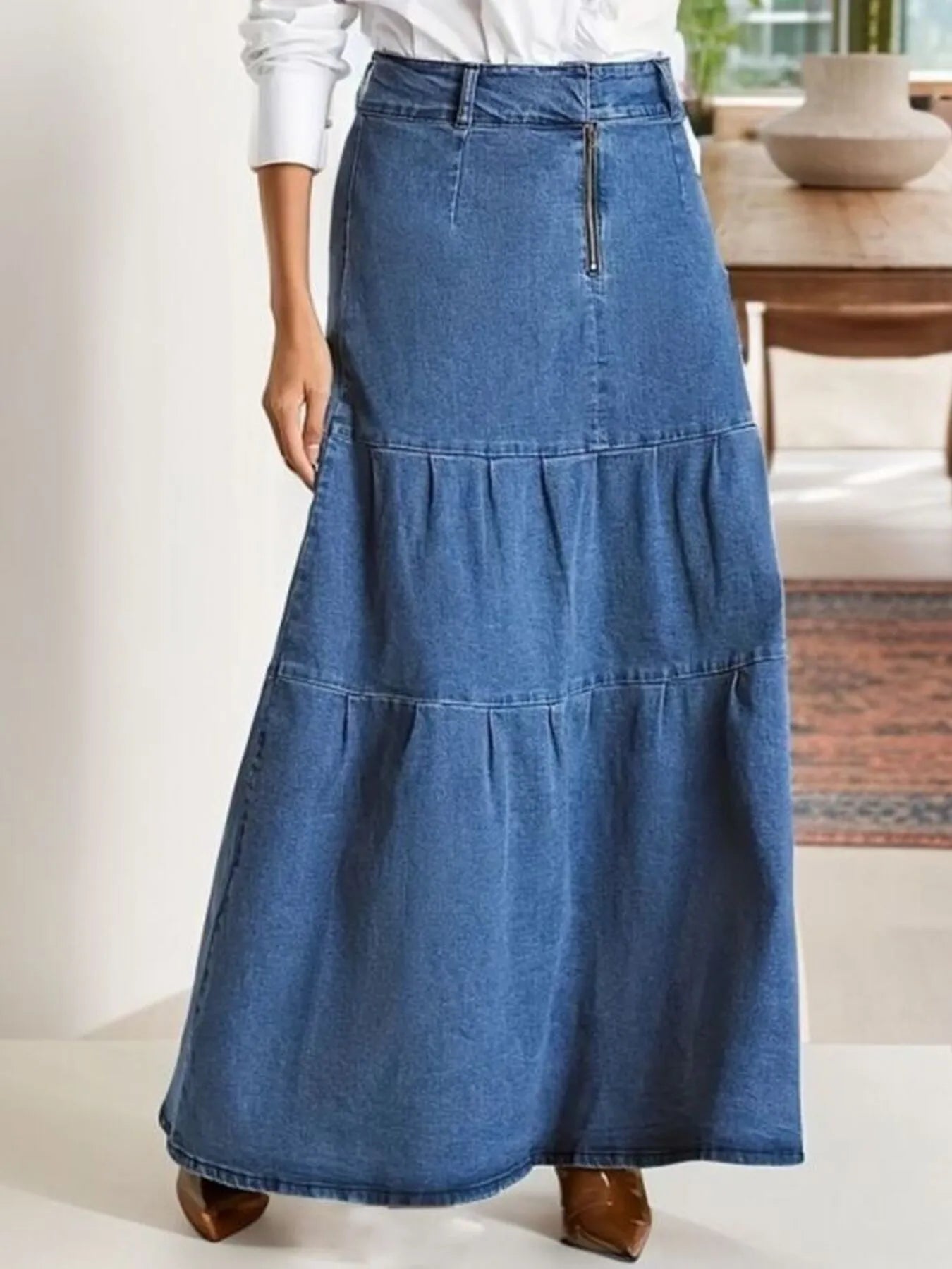 Tiered Maxi Denim Skirt with Zipper Detail ™