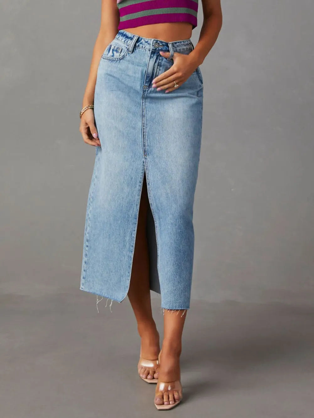 Raw Hem Front Slit Denim Midi Skirt™