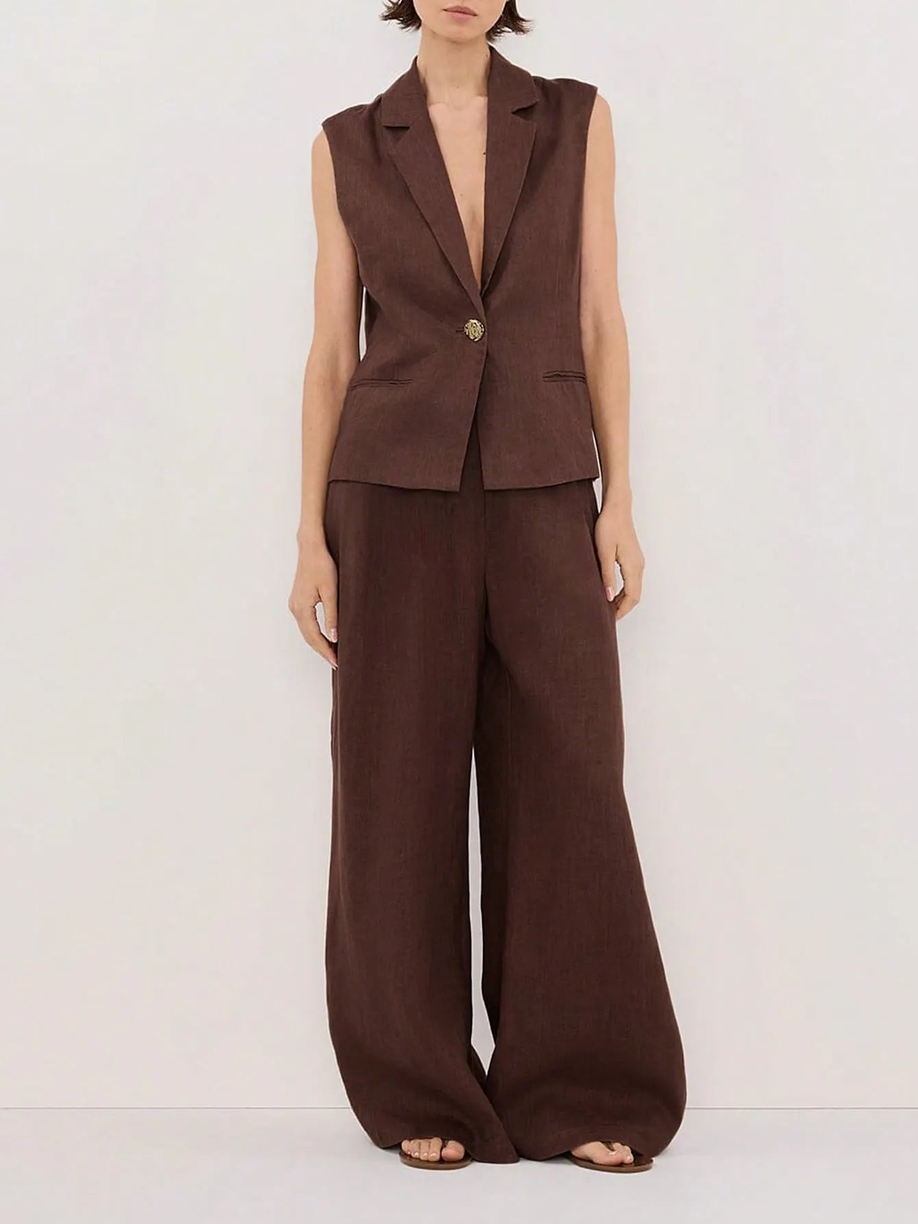Sleeveless Blazer and Wide Leg Pants Set ™