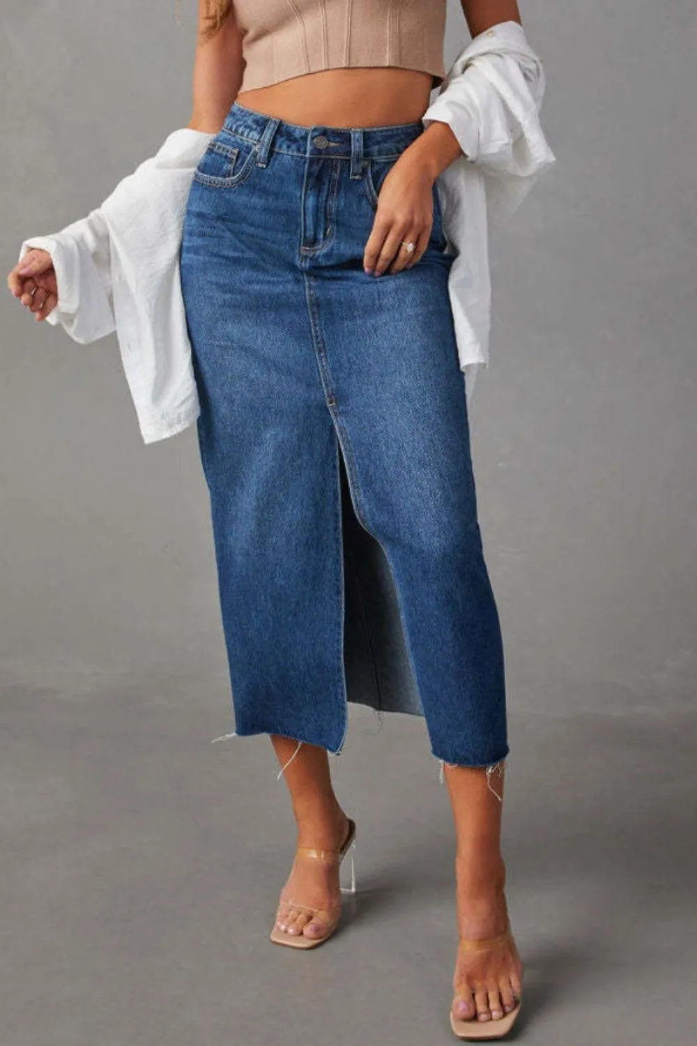 Slit Raw Hem Midi Denim Skirt™