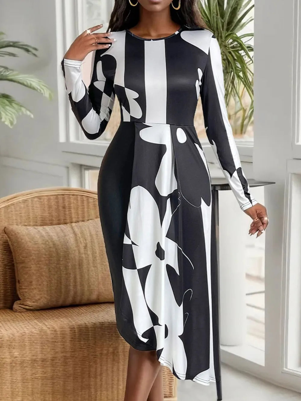 Mon Prince RP Asymmetrical Slit Round Neck Long Sleeve Midi Dress