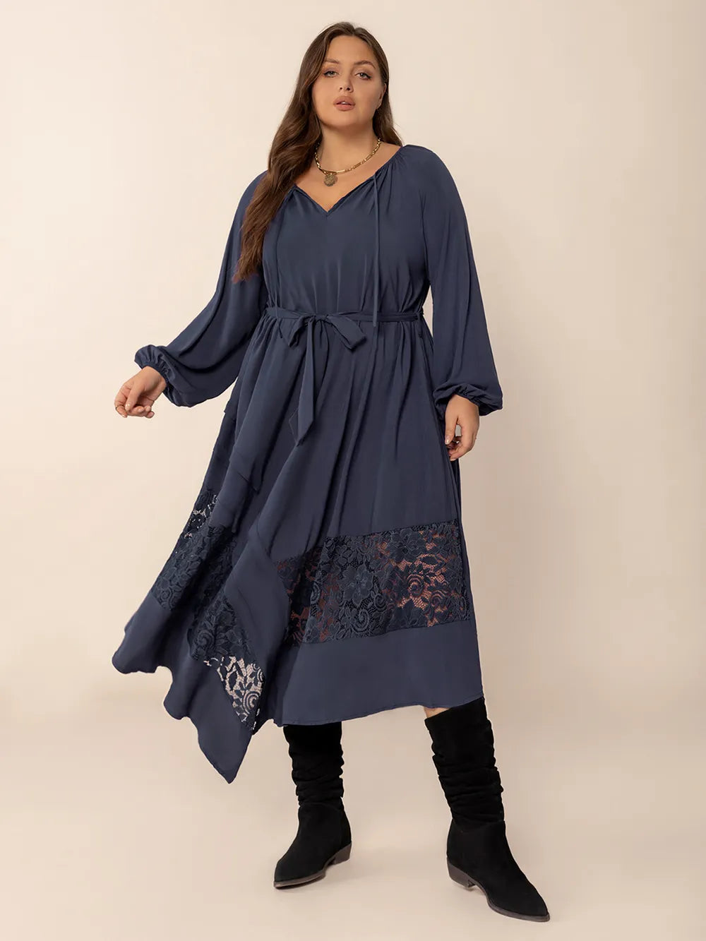 Plus Size Lace Detail Tie Neck Long Sleeve Midi Dress™