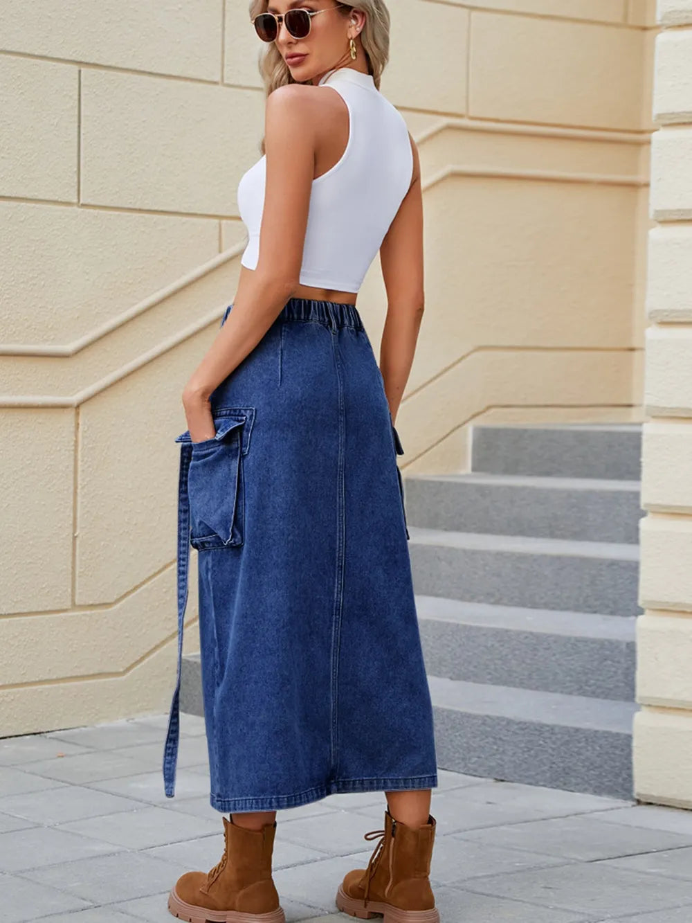 Slit Pocketed High Waist Denim Skirt™
