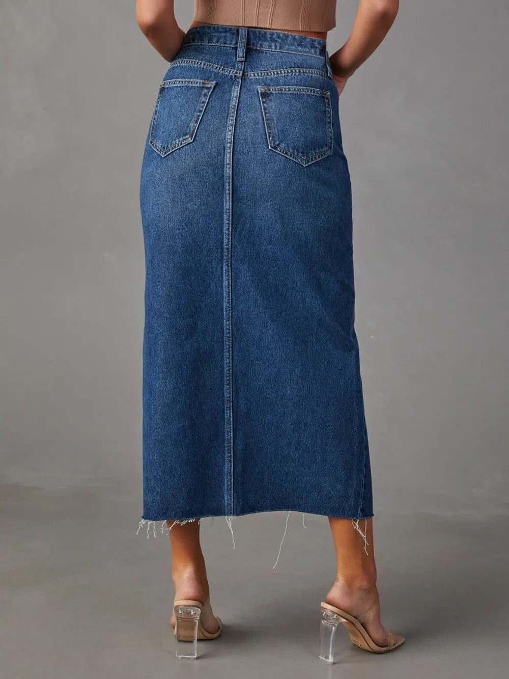 Slit Raw Hem Midi Denim Skirt™