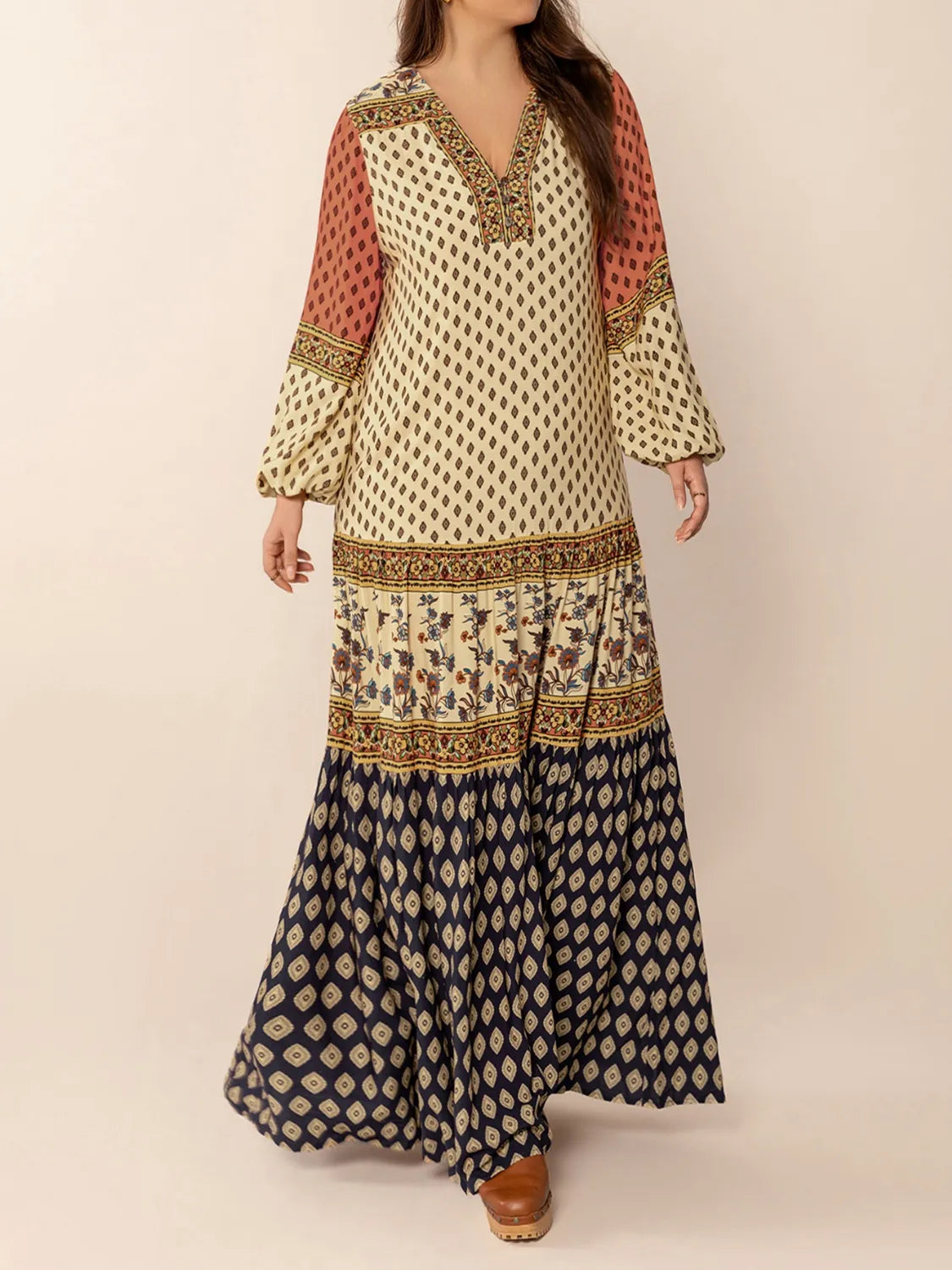 Printed V-Neck Balloon Sleeve Maxi Dress