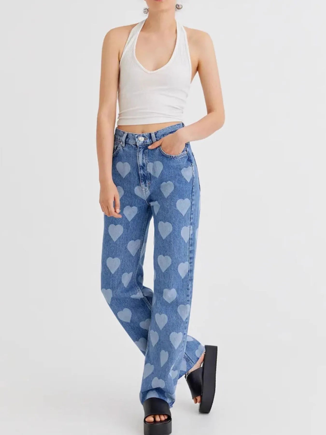 Heart Pattern High-Waist Wide Leg Jeans™