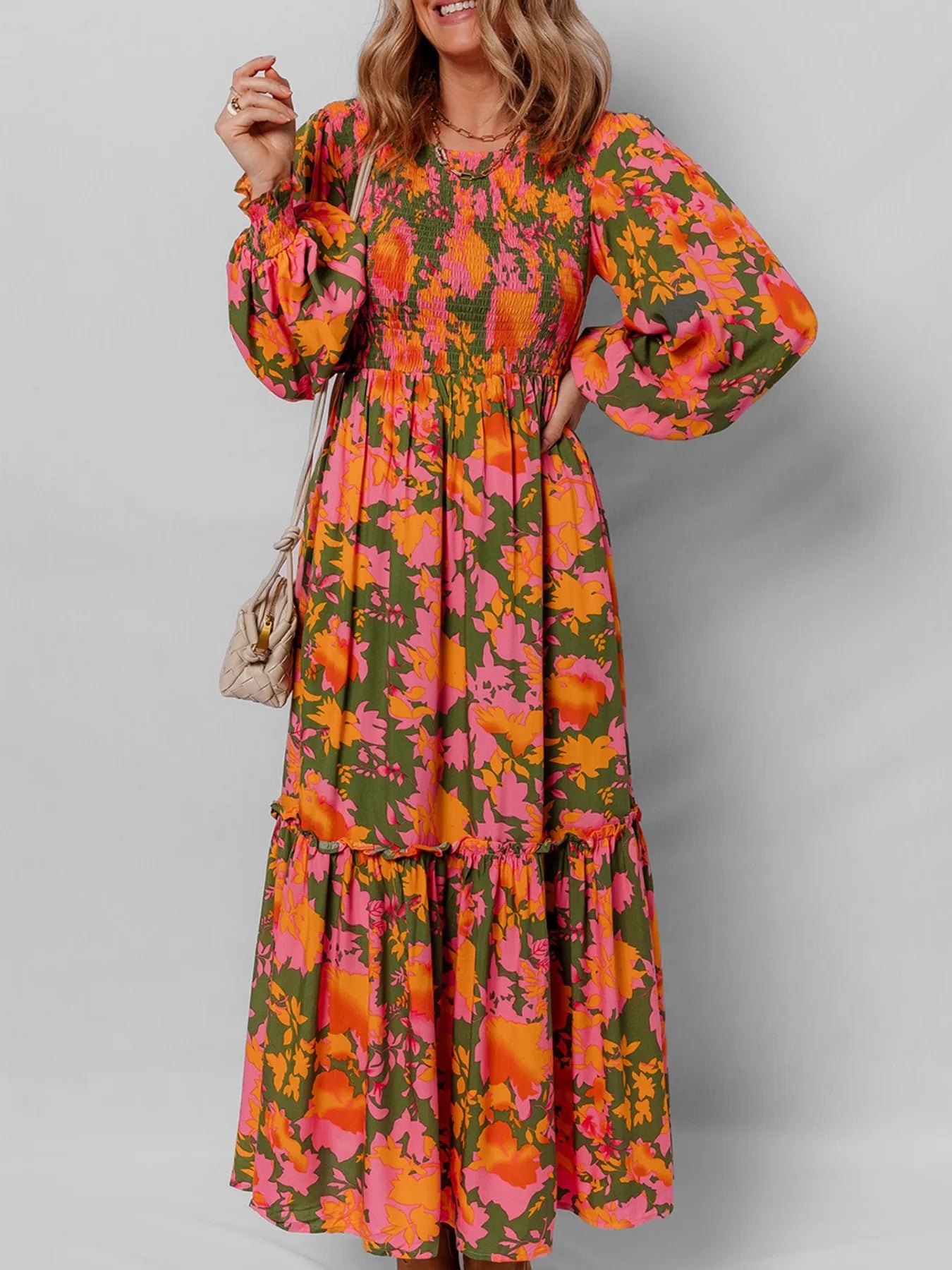 Smocked Floral Print Long Sleeve Maxi Dress™