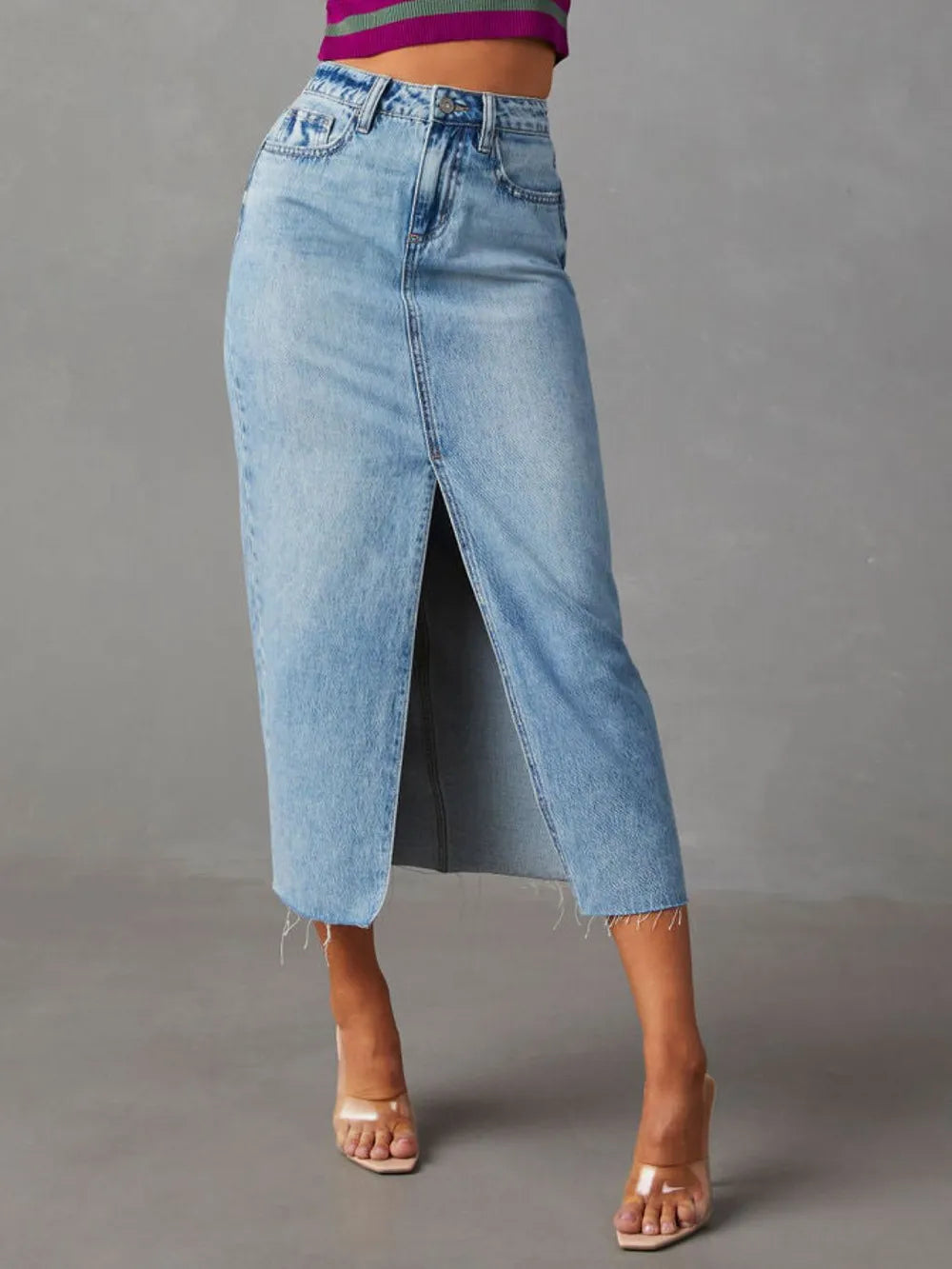 Raw Hem Front Slit Denim Midi Skirt™