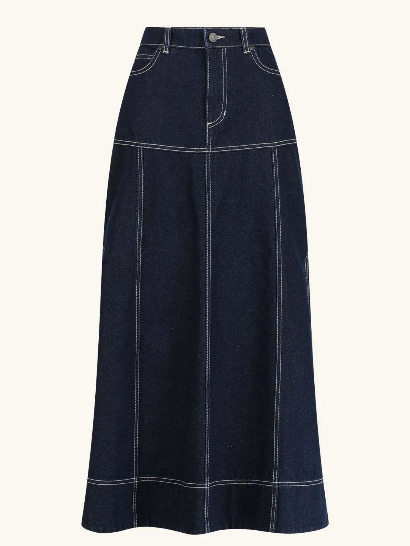 High-Waist Side Slit Contrast Stitch Denim Maxi Skirt™