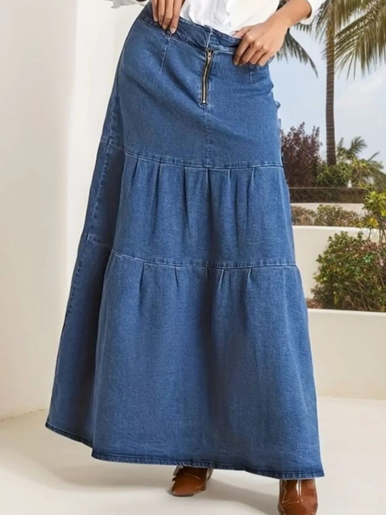 Tiered Maxi Denim Skirt with Zipper Detail ™