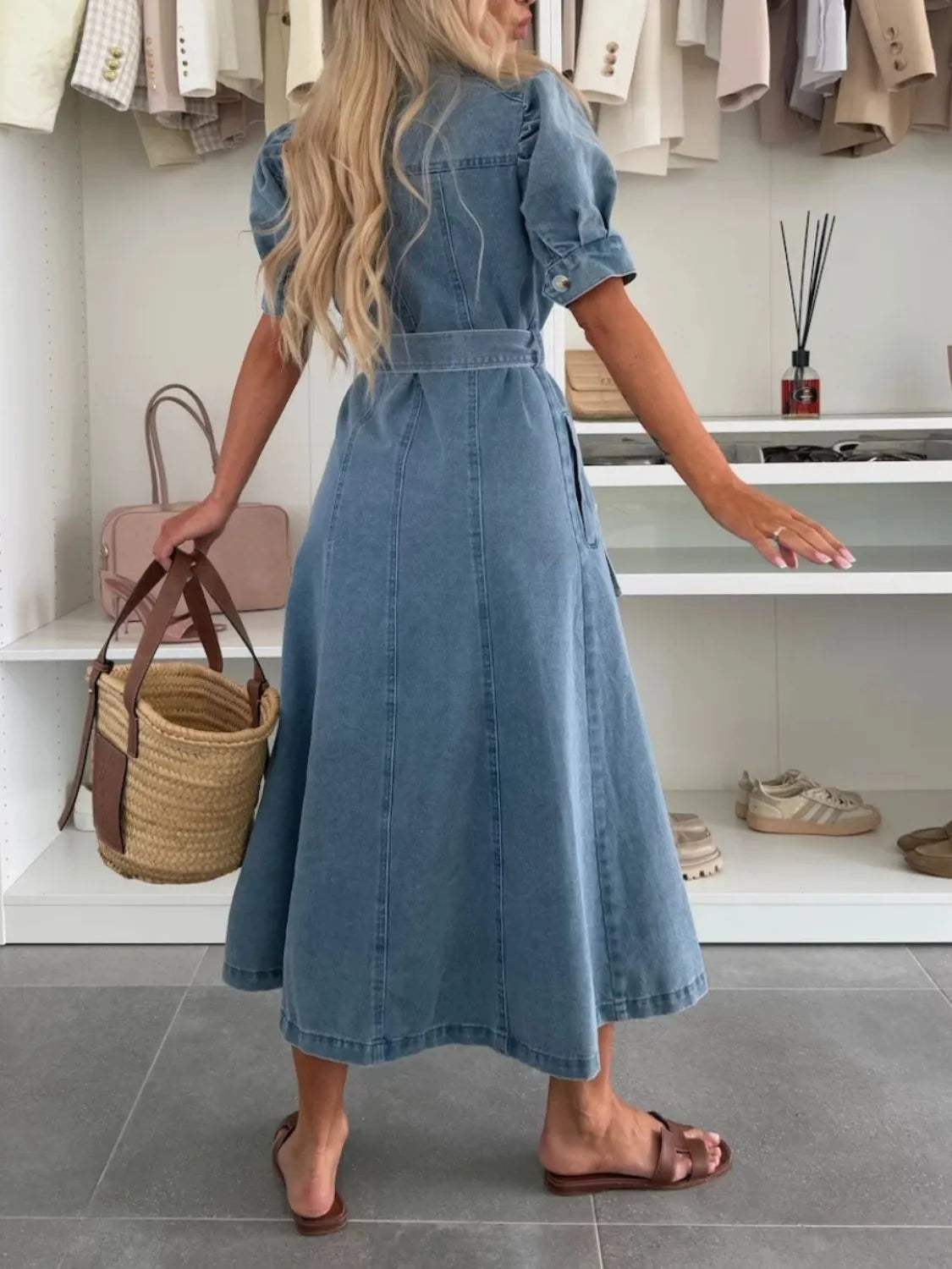 Puff Sleeve Button Down Belted Denim Midi Dress™