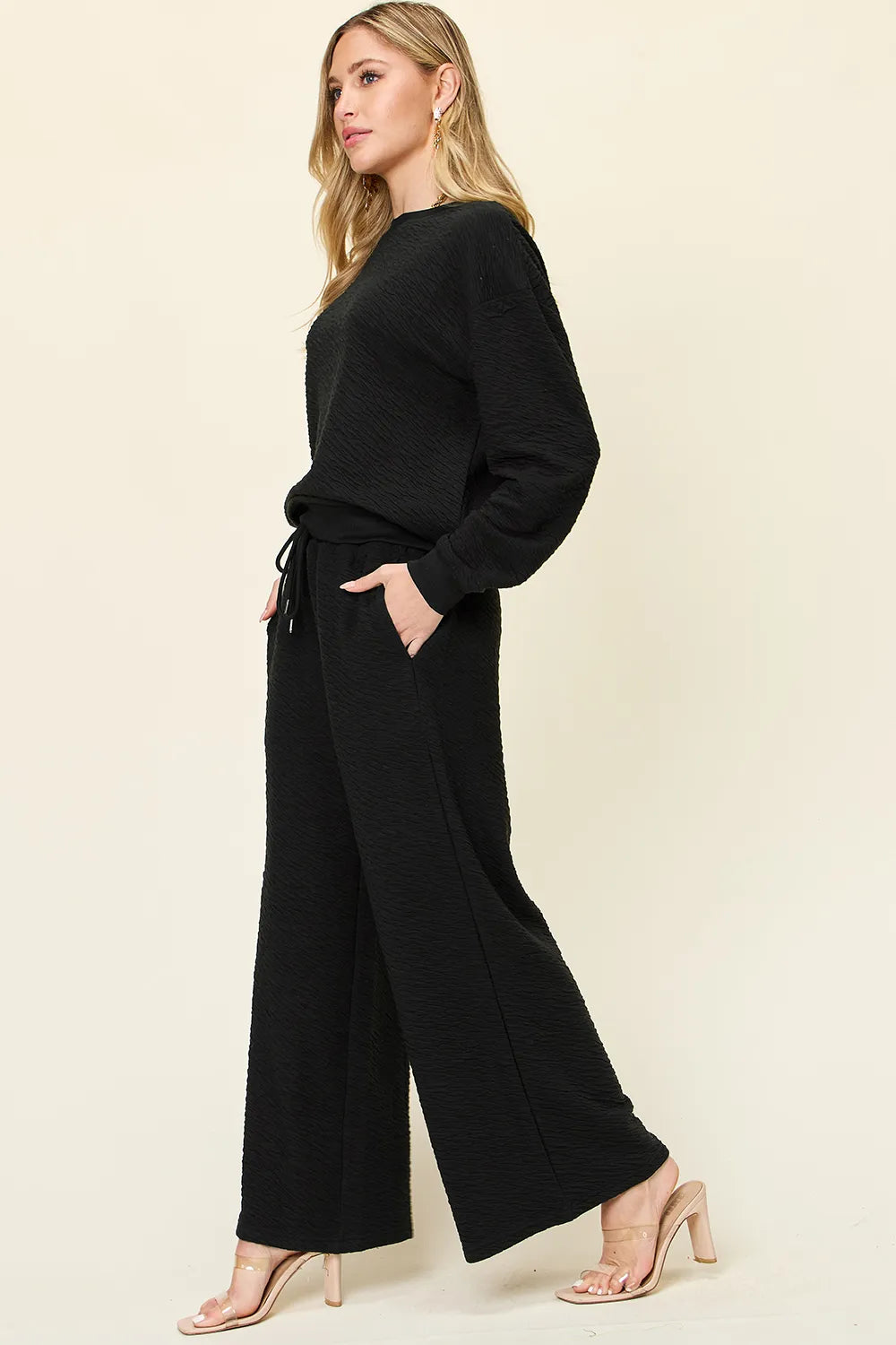 Double Take Full Size Texture Long Sleeve Top and Pants Set ™