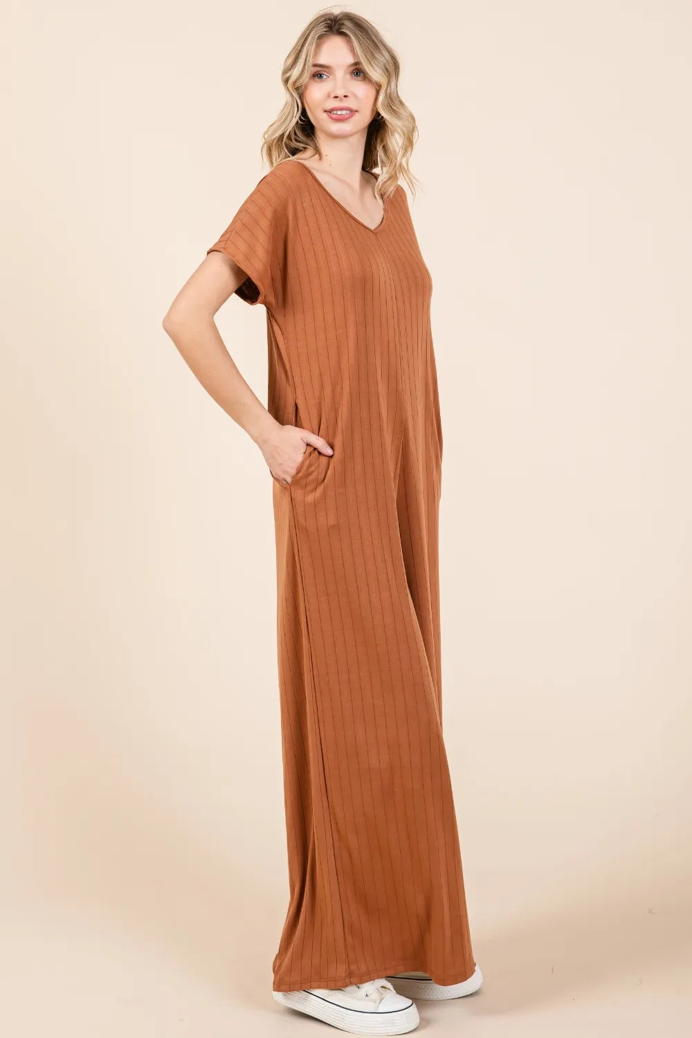 BOMBOM Ribbed Short Sleeve Wide Leg Jumpsuit ™