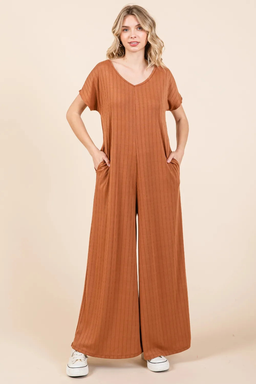 BOMBOM Ribbed Short Sleeve Wide Leg Jumpsuit ™