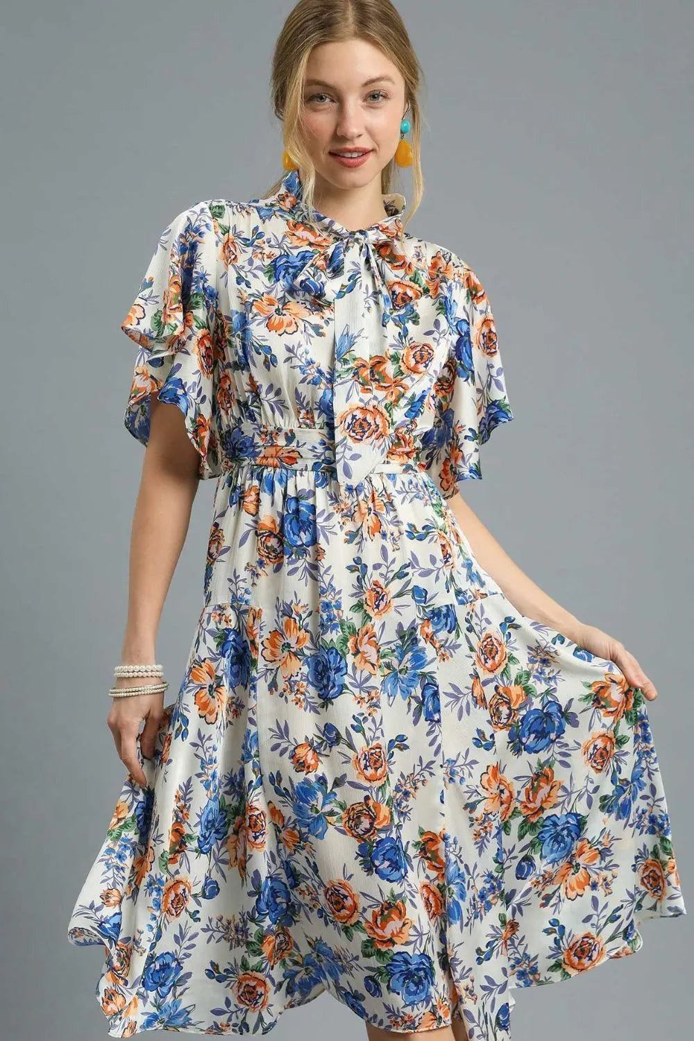 Umgee Floral Print Flutter Sleeve Dress