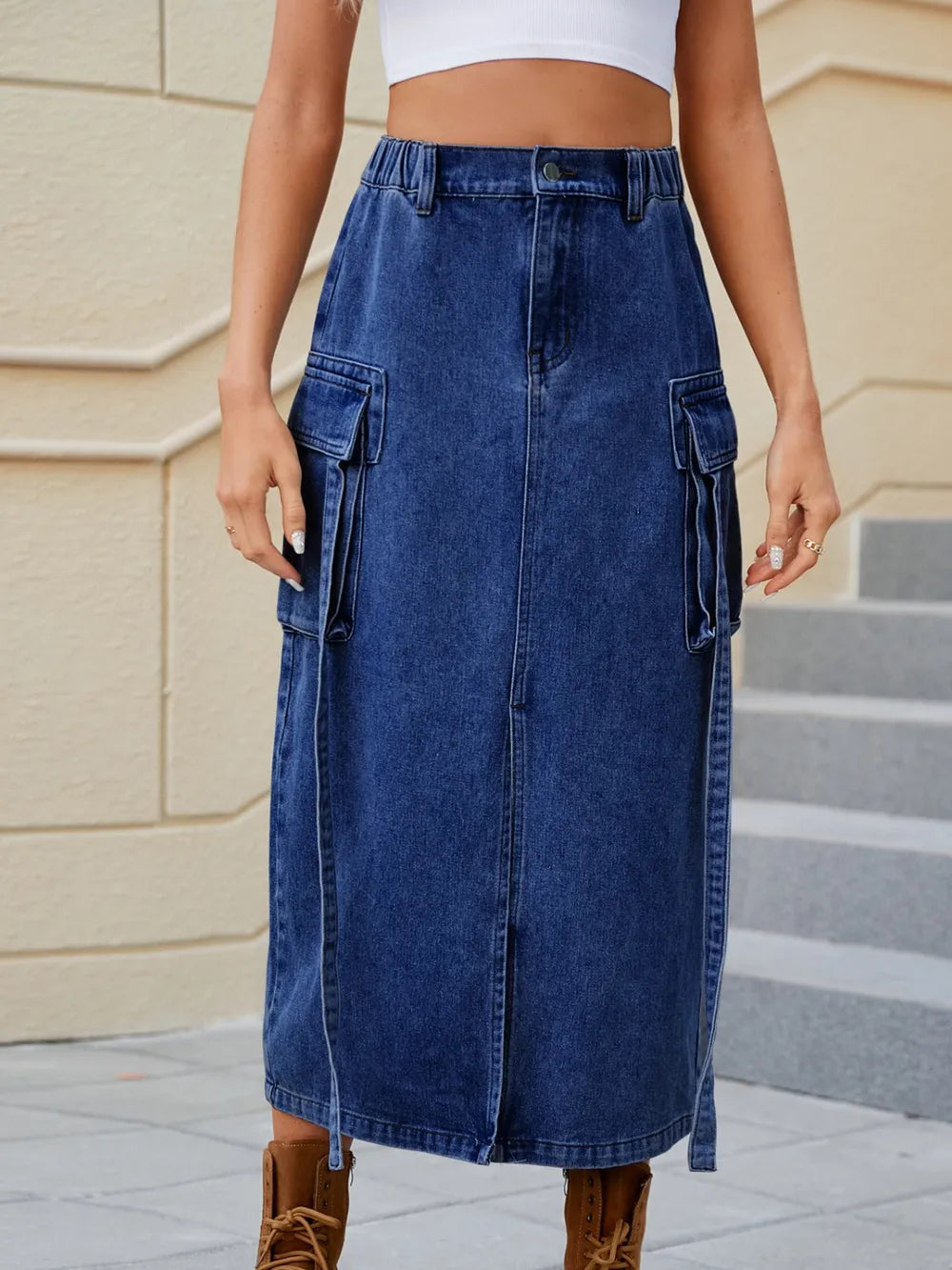 Slit Pocketed High Waist Denim Skirt™