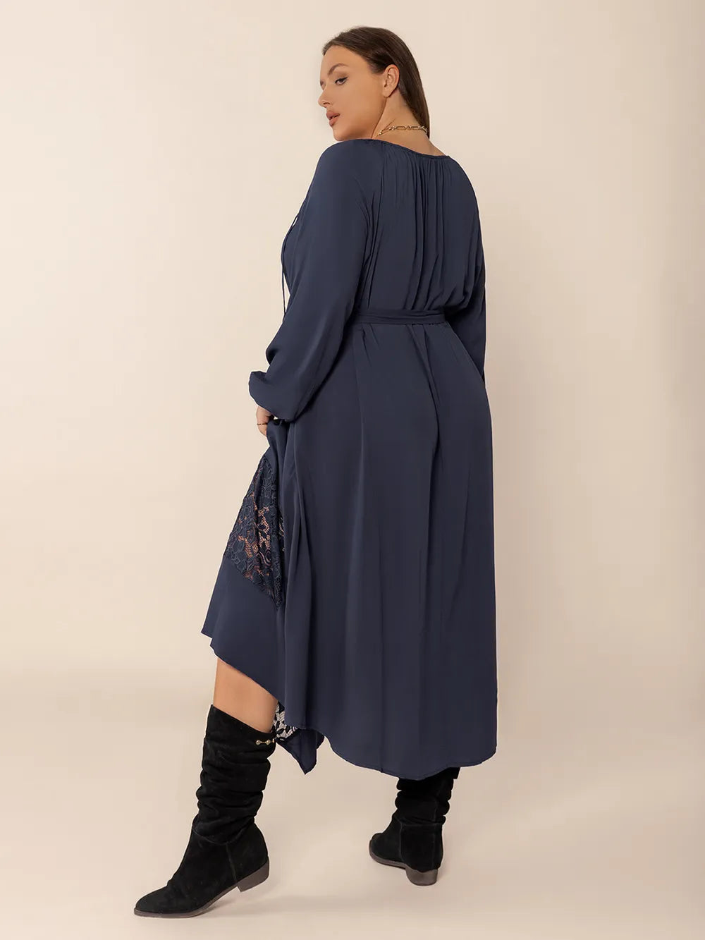 Plus Size Lace Detail Tie Neck Long Sleeve Midi Dress™