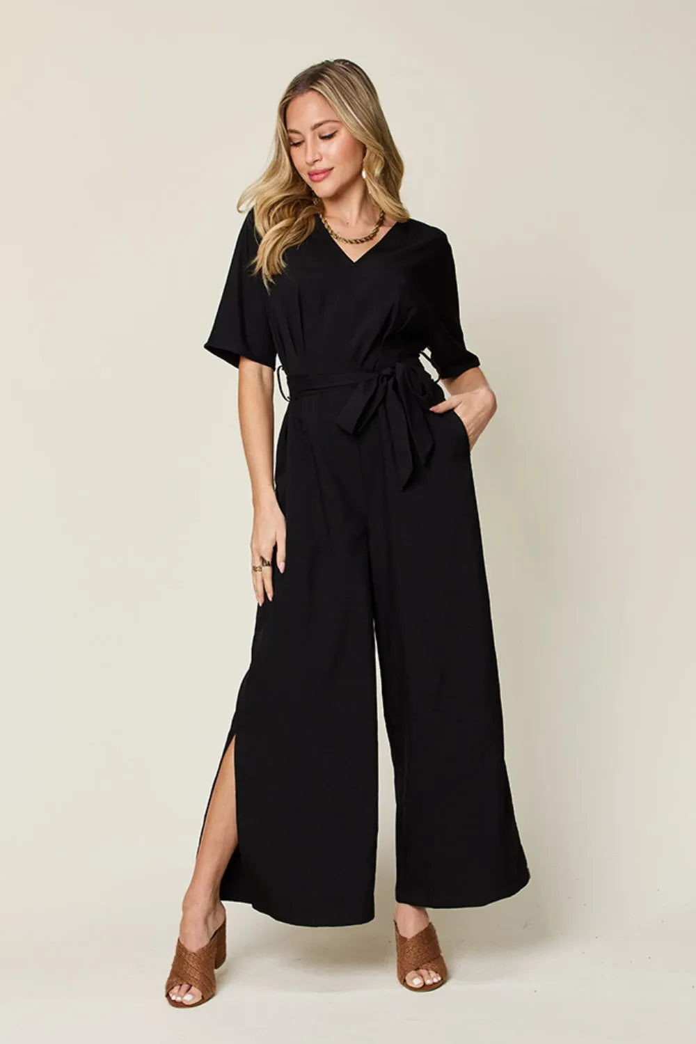 Double Take Full Size V-Neck Tied Side Slit Jumpsuit ™