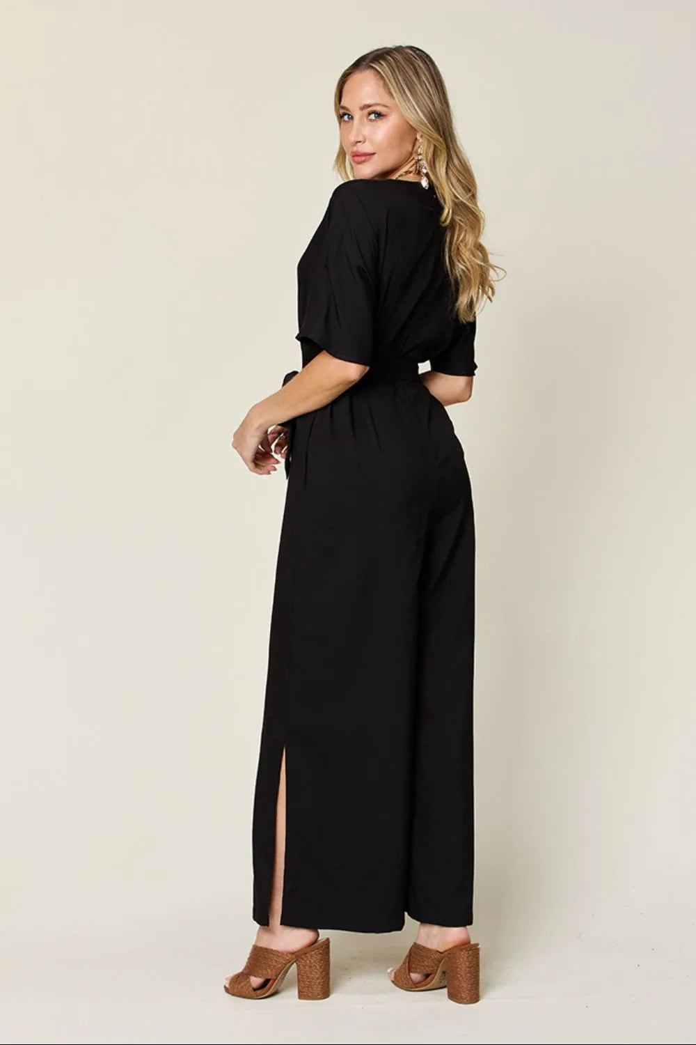 Double Take Full Size V-Neck Tied Side Slit Jumpsuit ™