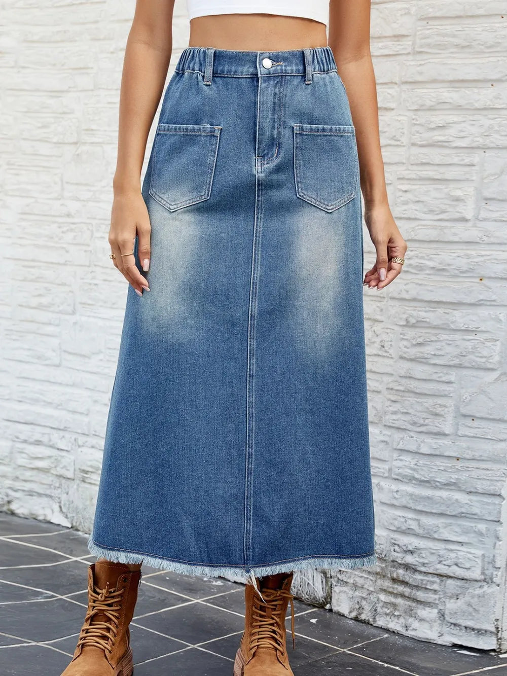 Raw Hem Buttoned Denim Skirt with Pockets™