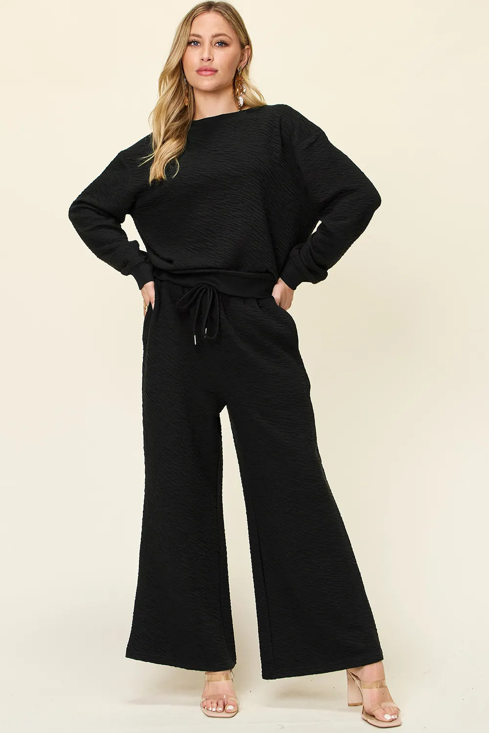 Double Take Full Size Texture Long Sleeve Top and Pants Set ™