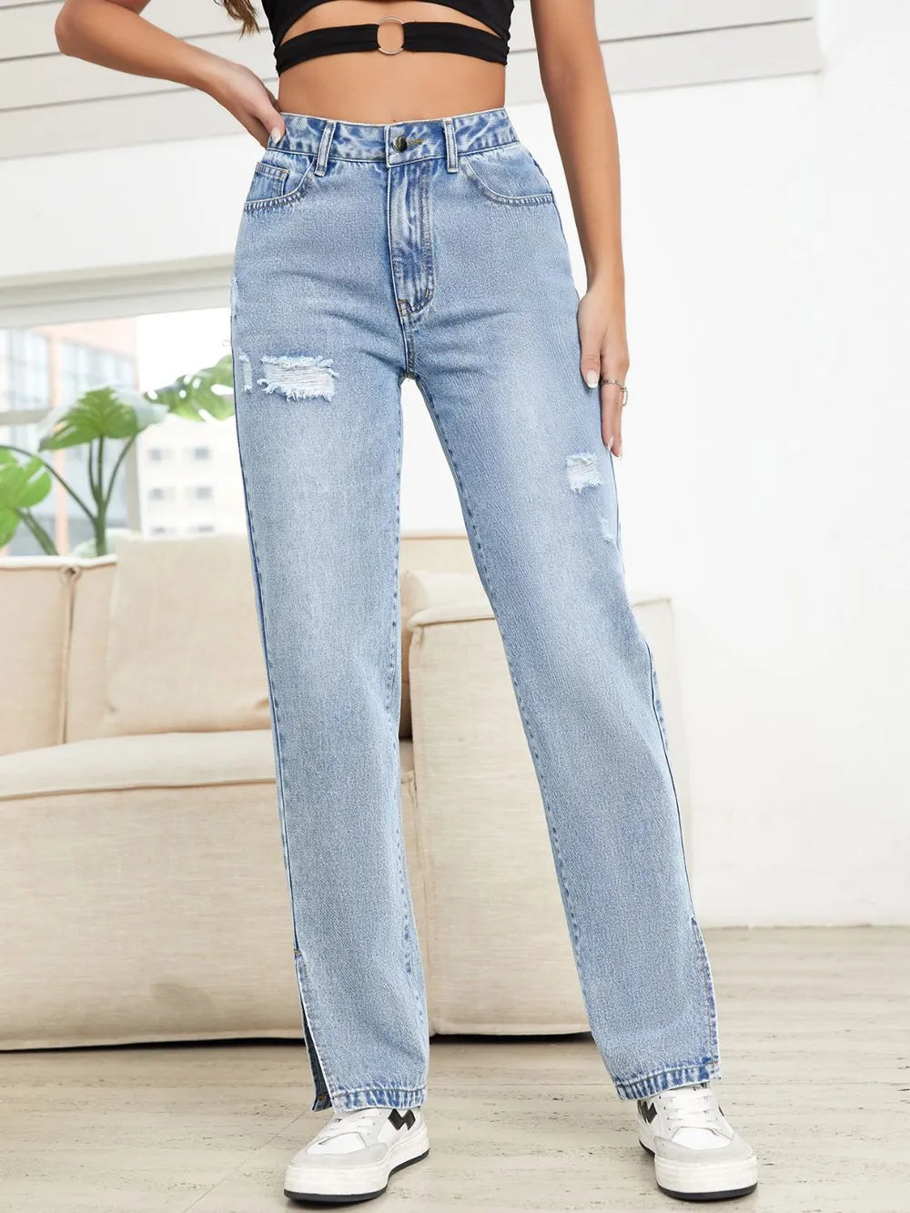 Distressed Slit Straight Leg Jeans™