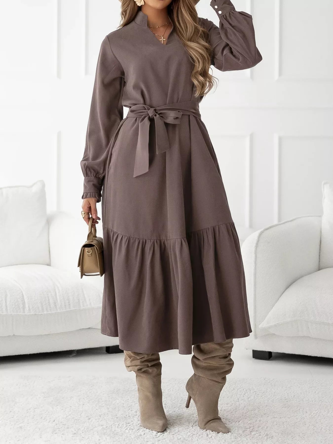 Long Sleeve Tie Waist Ruffle Hem Midi Dress